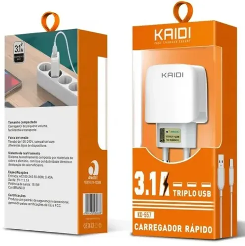 Carregador Universal 3 Saídas Usb Rápidas 3.1A Kaidi KD557 Novoa na Caixa