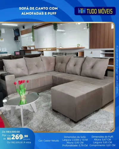 Sofá de Canto com Almofadas e Puff - Novo