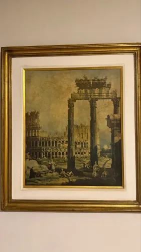 Par de Quadros Clássicos Europeus - Arquitetura e Ruínas Romanas - Molduras Douradas