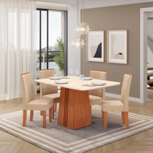 CONJUNTO DE JANTAR MESA COM TAMPO EM VIDRO E 4 CADEIRAS ACOLCHOADAS