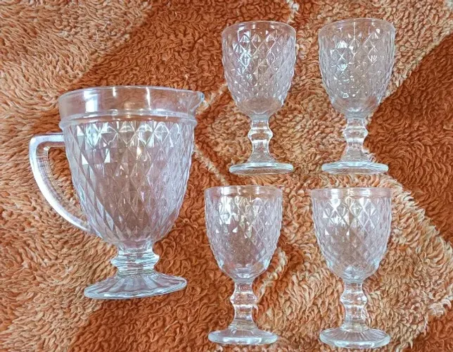 Conjunto Jarra e Taças de Cristal Bela Flor. 5 peças.