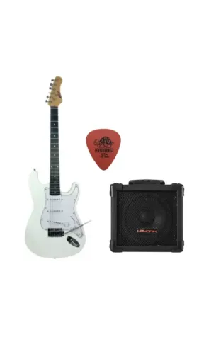 GUITARRA ELÉTRICA STRATOCASTER BRANCA MXT MST-W6B + Paleta + Amplificadora