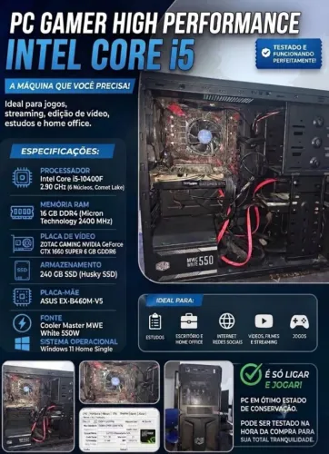 PC Gamer Completo Intel i5 / GTX 1660 Super 6GB / 16GB RAM / SSD 240GB