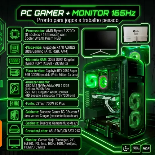 PC GAMER + MONITOR 24" 165Hz / RYZEN 7 / RTX 2060 SUPER 8GB / 32GB RAM DDR4