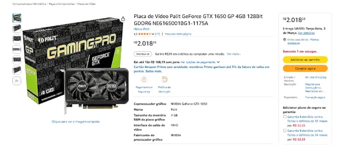 GTX 1650 4 GB GDDR6 PALIT MELHOR MODELO