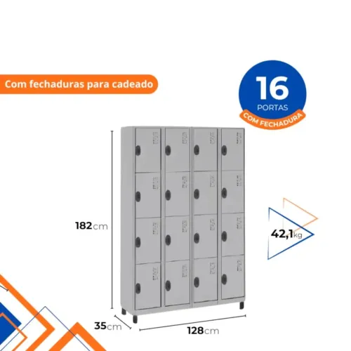 Armário Roupeiro De Aço 16 Portas Para Cadeado Só Aço 186x136cm