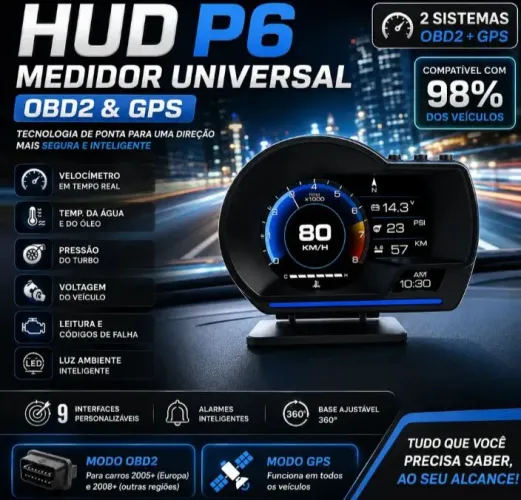 Obd2 , p6 Computador De Bordo Obd2 Gps Velocímetro Turbo Temperatura