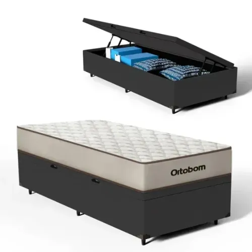 Colchão Solteiro Premium Ortobom + Base Baú Solteiro Suede Cinza Chumbo