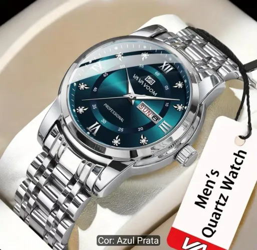 Lindo Relógio VAVAVOOM Inox Silver BLUE Pulseira Inox Bisel Prateado Mostrador com Strass