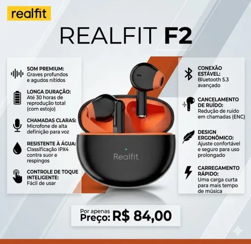 Fone Bluetooth Realfit F2 Premium (Original e Lacrado)
