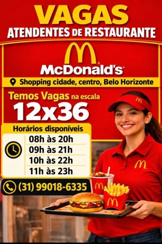 Vagas 12X36 McDonalds Shopping cidade