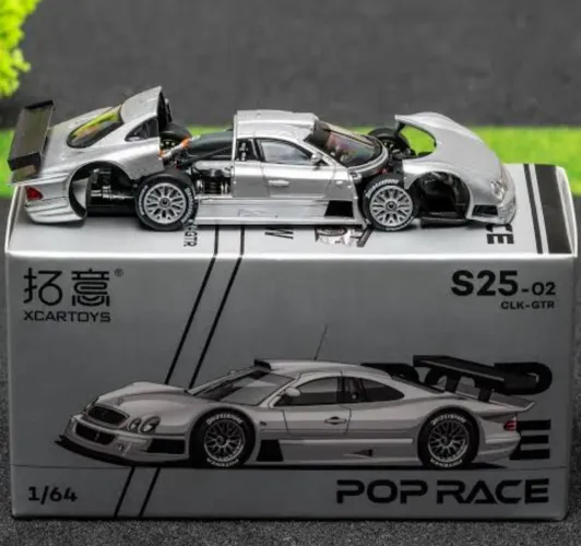 Miniatura 1:64 nova Mercedes clk gtr abre capo mala metal pop race