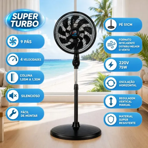 (NOVO LACRADO) VENTILADOR PEDESTAL 9 PÁS TURBO 4 VELOCIDADES SILENCIOSO 220V MAXTEL