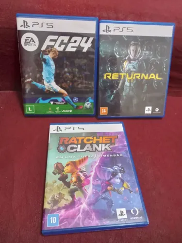 3 jogos game PlayStation PS5 futebol FC 24 Returnal Ratchet Clank originais mídia física