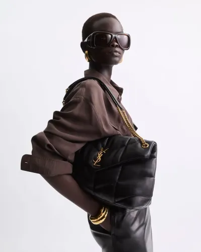 Bolsa couro legítimo preto italiana modelo puffer medium Yves Saint Laurent