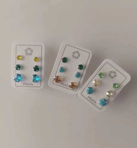 Trio de brincos zircônias coloridas Prata 925 legítima 