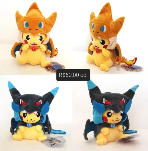 Pelúcia pikachu com capa de charizard e mega charizard ( valor unitário)