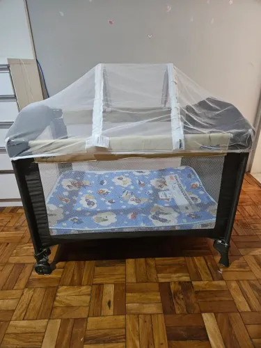 Berço Portátil Burigotto Sonata Bege + Colchão Ortobom + Mosqueteiro Safety
