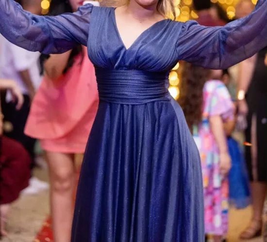 Desapego: Vestido de Festa Longo Azul escuro mangas bufantes 