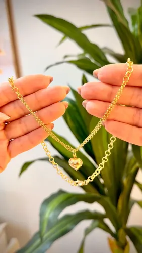 Kit Corrente Elo Português Mista + Pingente Coração + Pulseira com 4 Corações