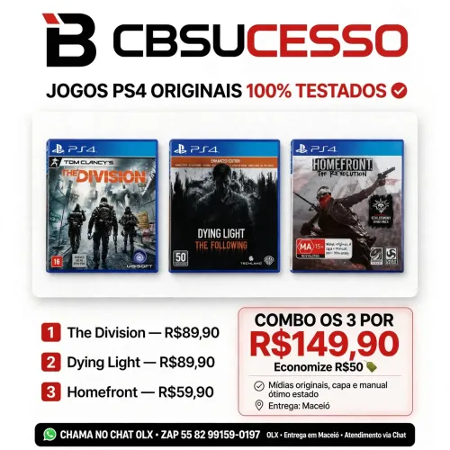LOTE 3 JOGOS PS4 ORIGINAIS | The Division + Dying Light + Homefront COMBO R$149