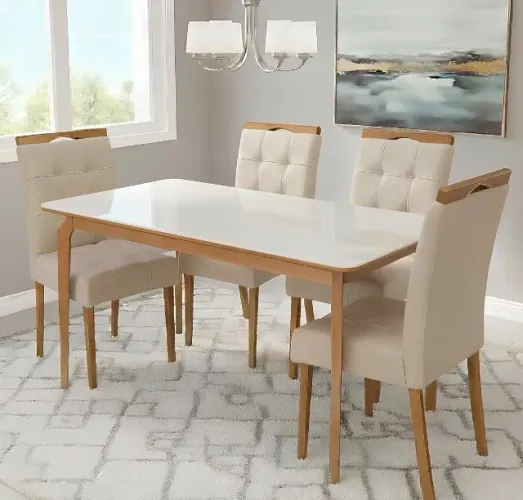 Conjunto de Jantar 4 Lugares Madeira com Vidro e Linho Bege Claro