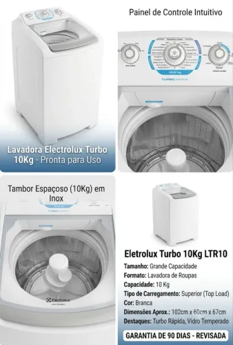 ítulo do Anúncio Máquina de Lavar Electrolux Turbo 10kg (LTR10) - Revisada c/ Garantia 90