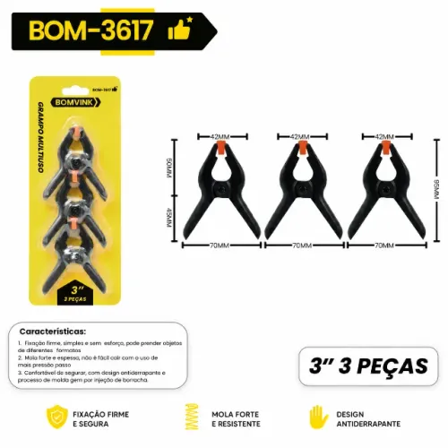 Grampo Multiuso 3 Polegadas BOMVINK BOM-3617 Kit 3 Peças Fixação Forte Profissional pode r