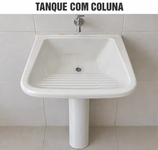 Tanque de louça branco com coluna e esfregador