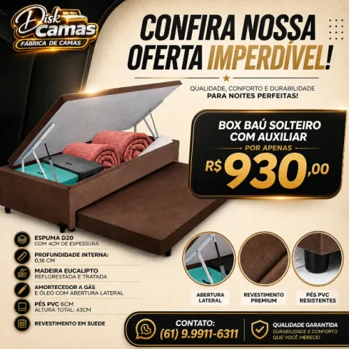 Cama Box Baú Solteiro com Cama Auxiliar 0,88x1,88 - Baú com Pistão a Gás - R$930,00.