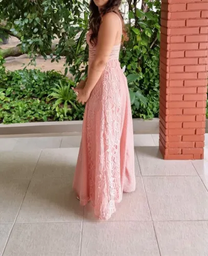 Vestido Longo de Renda - Rosa Bebê - Exclusivo