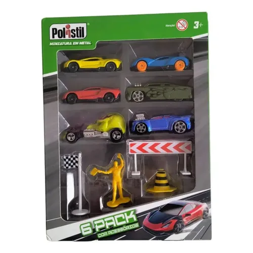 Conjunto de 6 carrinhos metal/plástico + acessórios Polistil NOVO LACRADO tipo Hot wheels