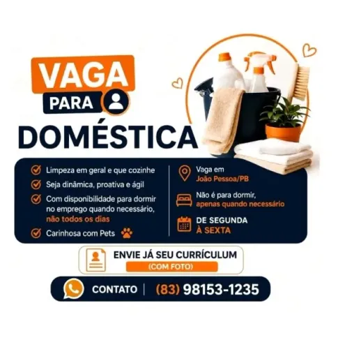 Vaga para doméstica de segunda à sexta em João Pessoa/PB