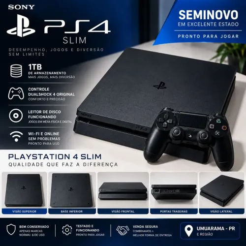 PS4 Slim 1TB + Controle + HDMI - Seminovo<br>