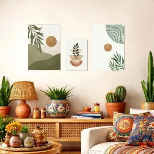Quadro Decorativo Sala 3 Peças Boho Verde Decoração Linda e Barata