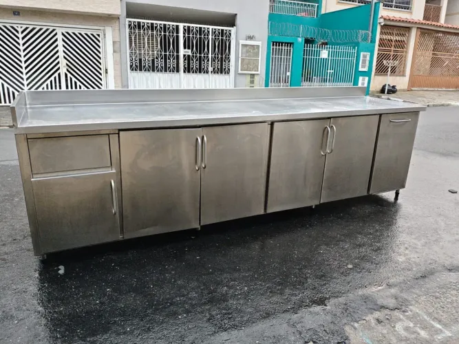 Balcão Inox Industrial 3,10m Completo c/ Lixeira Embutida | Restaurante Hamburgueria
