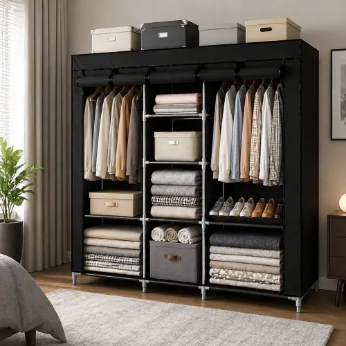 Guarda-Roupa Casal Portátil Grande com Cabideiro e Prateleiras | Entrega Rápida