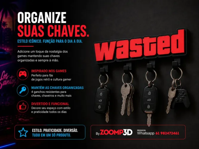 Porta Chaves WASTED Decorativo De Parede 4 GTA
