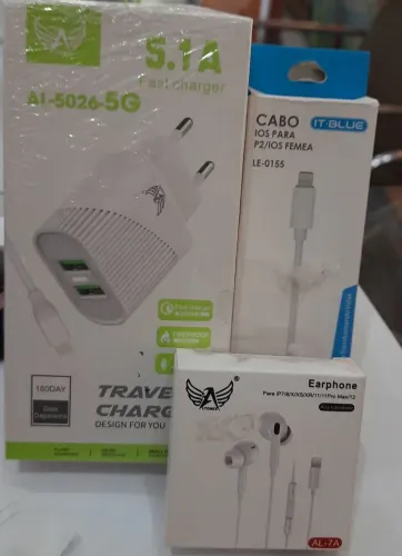 Kit Carregador Rápido 5.1A + Cabo Lightning + Fone de Ouvido