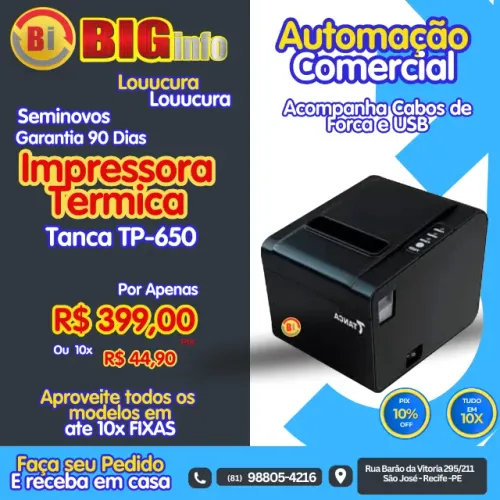  Impressora Termica Não Fiscal Tanca TP-650 - Guilhotina - Rede - USB - Completa 