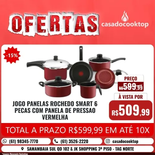 JOGO PANELAS ROCHEDO SMART 6 PECAS COM PANELA DE PRESSAO VERMELHA