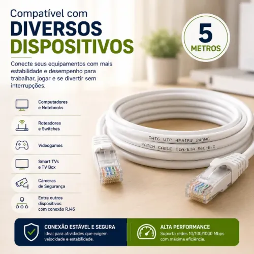 Cabo De Rede Cat6 5 Metros Ethernet Lan Giga 10/1000