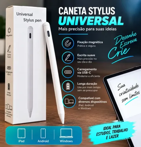 Caneta Stylus Universal Touch Ponta Fina Recarregável USB-C