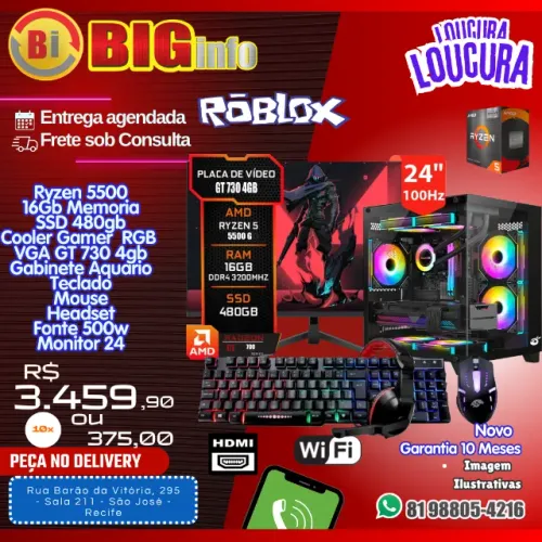 Computador Ryzen 5 5500 16GB RAM RGB SSD 500GB Monitor 24 VGA GT 730 - Em ate 10x Fixas