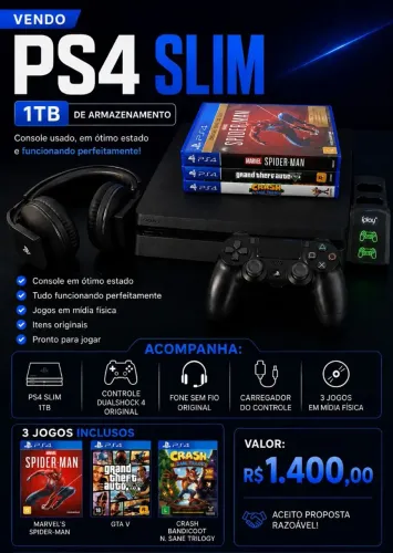 PS4 Slim 1TB + Controle Original + Fone Sem Fio + 3 Jogos