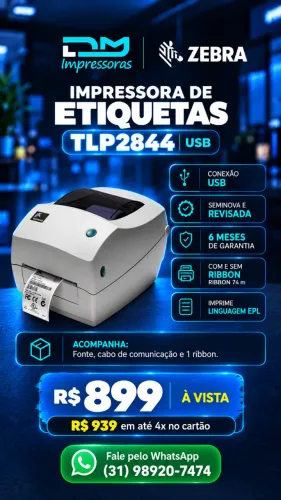 Impressora Térmica de Etiquetas Zebra TLP2844 - 06 meses de Garantia - Instalação Inclusa