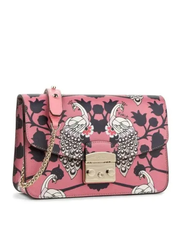 Bolsa feminina cor de rosa, em couro com estampa de pavão, marca Furla (italiana de luxo)