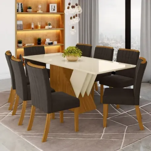 Mesa de Jantar Completa com Tampo de Vidro (8 Lugares)