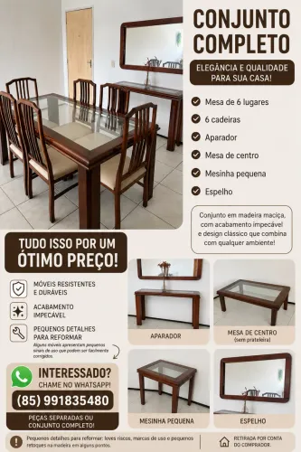 Sala de Jantar em Madeira Maciça - Mesa 6 Lugares + Aparador + Espelho