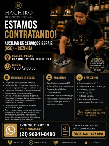 AUXILIAR DE SERVIÇOS GERAIS RESTAURANTE - CENTRO RIO DE JANEIRO (NOITE)